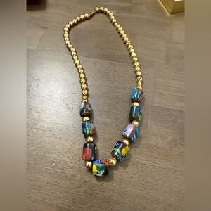Colorful vintage Venetian-style necklace with millefiori glass & gold-tone beads